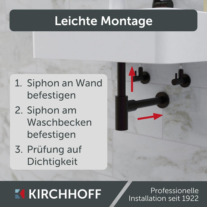 KIRCHHOFF Design Siphon, Matt Schwarzer Abfluss, Ablaufgarnitur für Waschbecken und Waschtisch, Geru