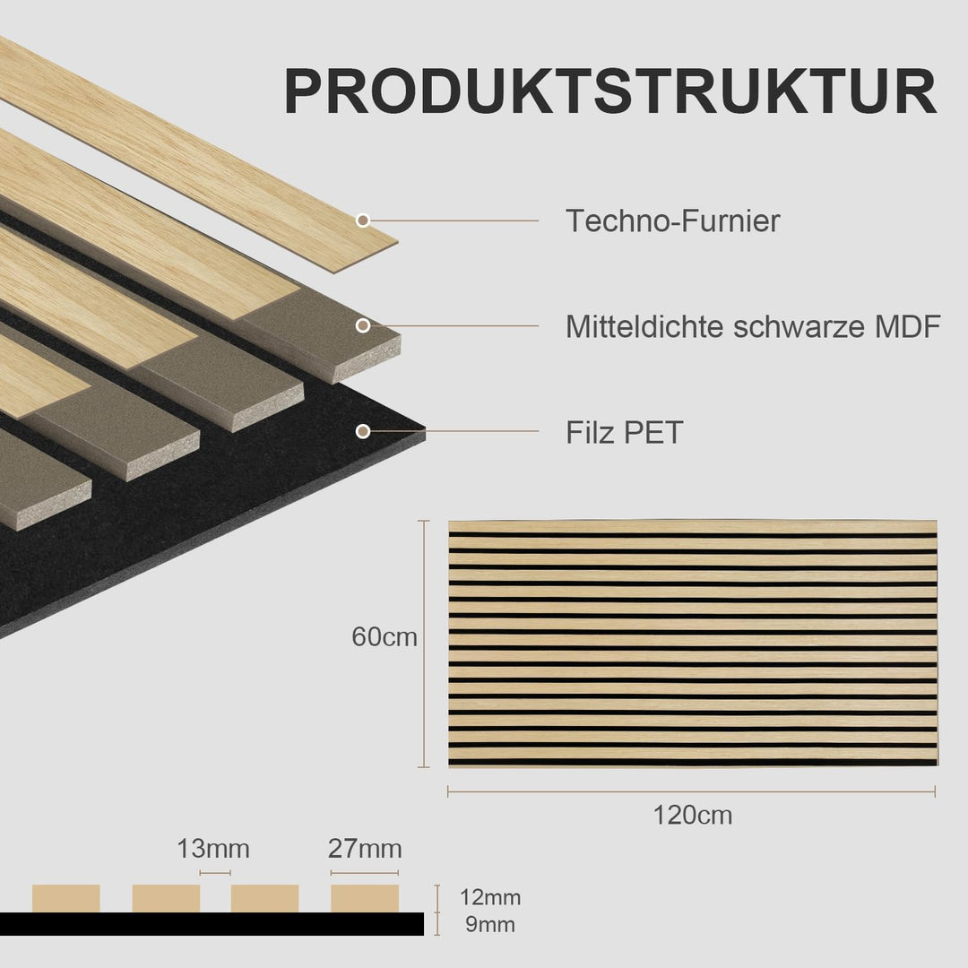 Akustikpaneele Holz 0,72㎡ - 1 Satz 120x60cm Rohholz Farbe Wandpaneele 3D, Moderne Akustiklösung für
