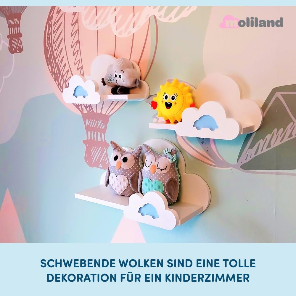 3er Set Wandregal Kinderzimmer Weiss | Babyzimmer Wolkenregal für Bücher, Spielzeug und Dekoration |