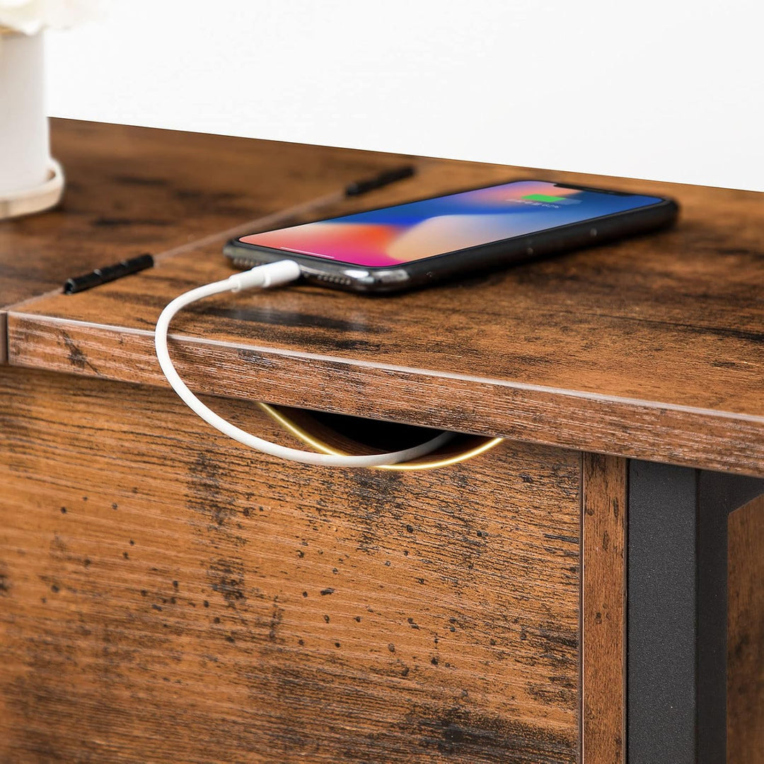 HOOBRO Beistelltisch, Flip-Top Sofatisch mit Ladestation und Ablagefläche, Schmaler Nachttisch für k