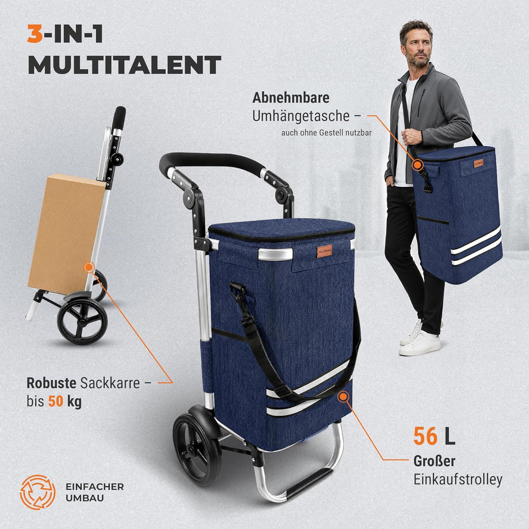 Allyson Einkaufstrolley klappbar mit 56L Kapazität ，3in1 Trolley Sackkarre & Umhängetasche，Einkaufst
