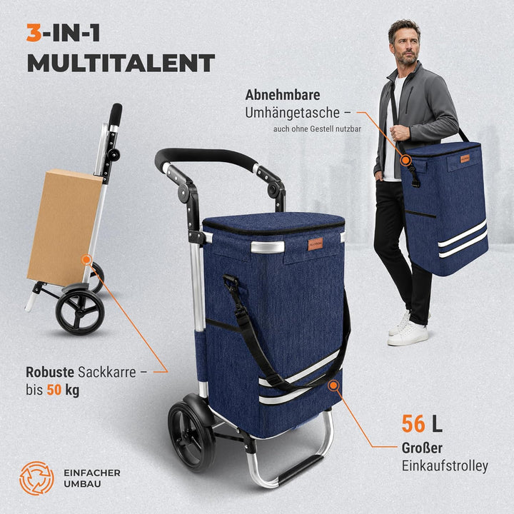 Allyson Einkaufstrolley klappbar mit 56L Kapazität ，3in1 Trolley Sackkarre & Umhängetasche，Einkaufst