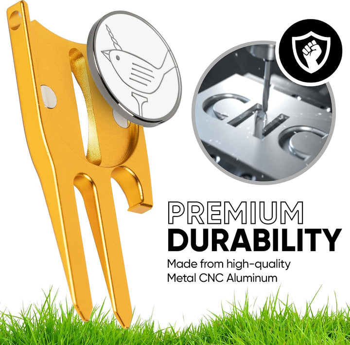 Birdicorn Golf Divot Repair Tool &amp; Golf Ball Marker 6-in-1 Golf Divot Tool Gold, Gold