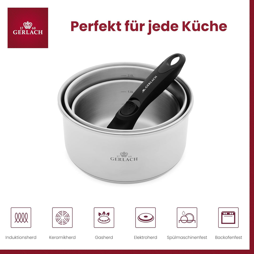 Gerlach Smart Steel Topf-Set Edelstahl Abnehmbarer Griff Kochtopf-Set Induktion Induktionstöpfe-Set