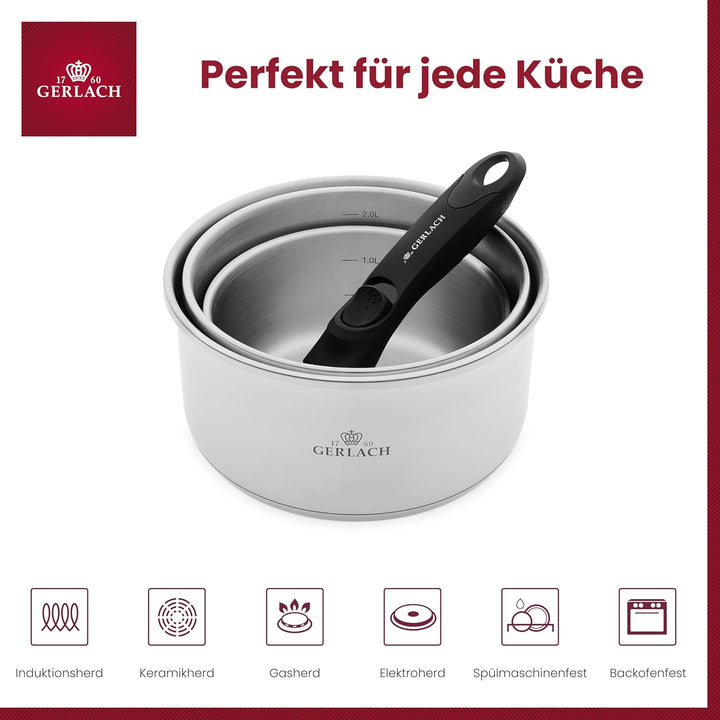Gerlach Smart Steel Topf-Set Edelstahl Abnehmbarer Griff Kochtopf-Set Induktion Induktionstöpfe-Set