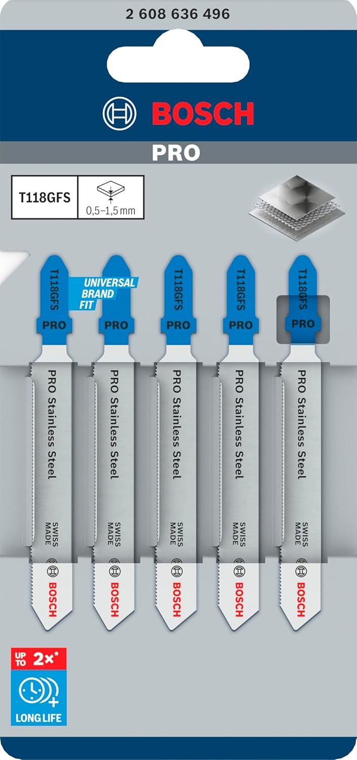 Bosch 5x Stichsägeblatt T 118 GFS Basic for Inox (für Edelstahlbleche, Professional Zubehör Stichsäg