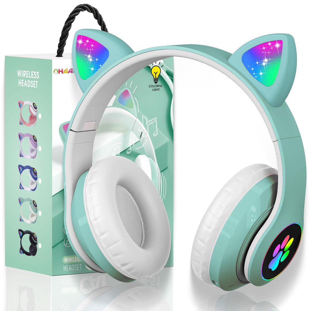 OHAANYY Katzenohr Kopfhörer Kindergeburtstag Geschenke Kind LED Katzenohren Einhorn Bluetooth Kabell