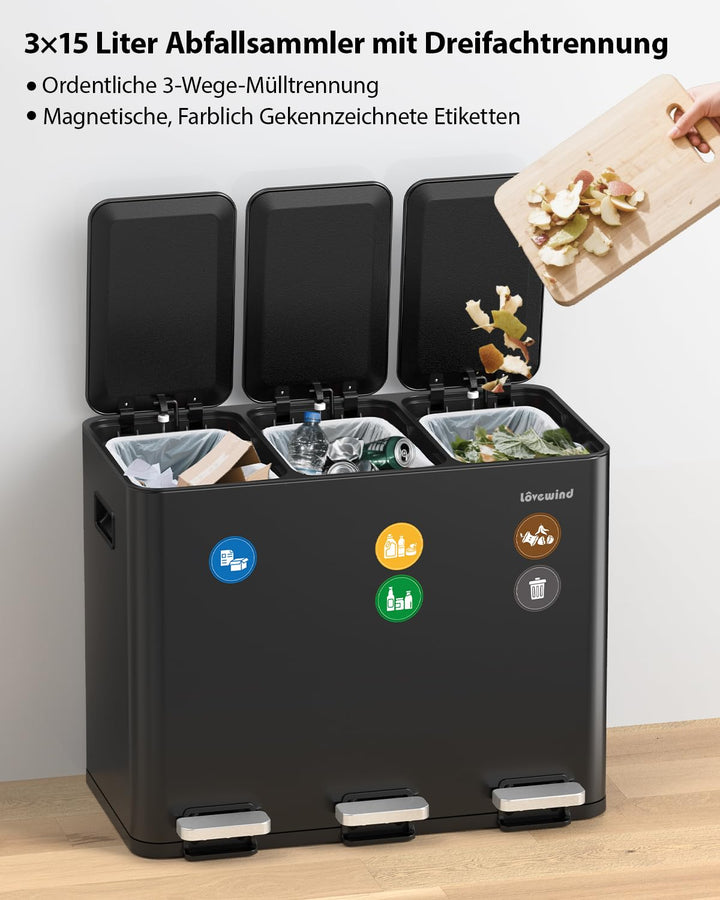 lovewind Mülleimer, 3 x 15L Recyclingeimer, 3-Fach-Mülleimer für Recycling und Abfall, inklusive mag
