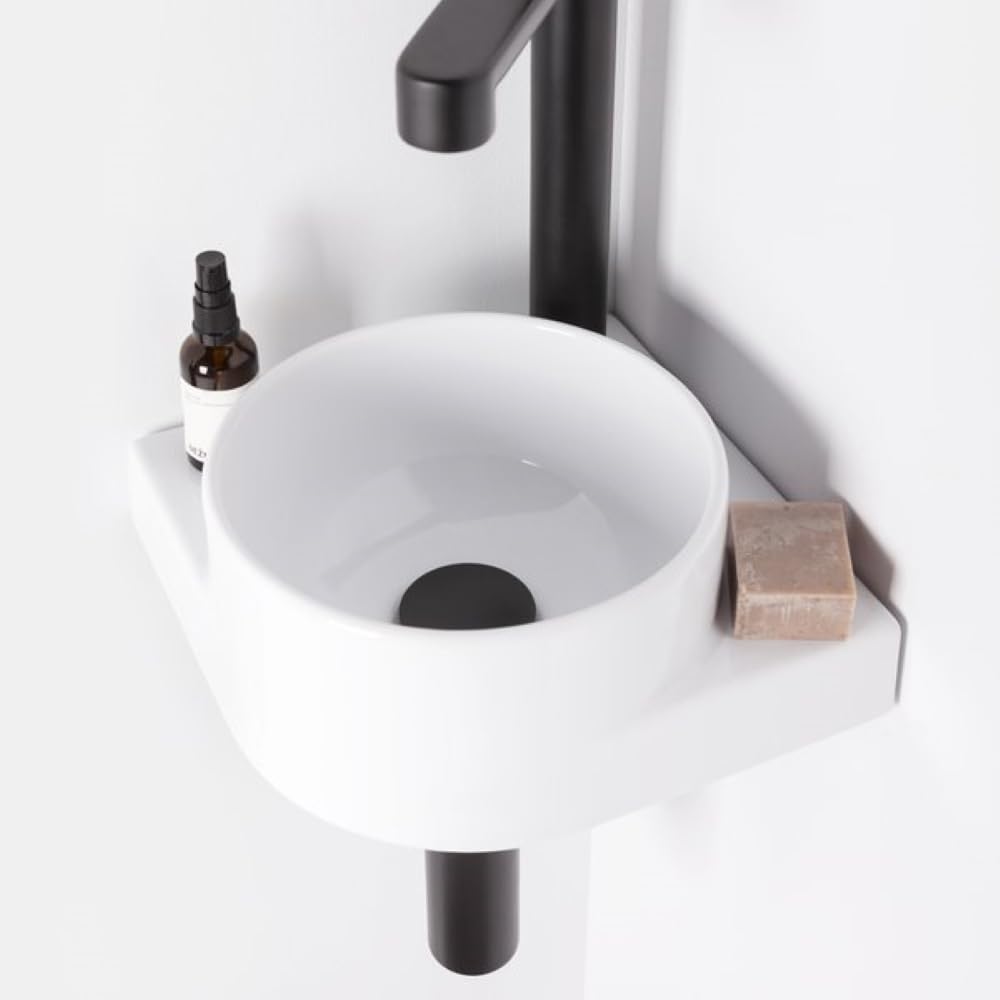 Eckwaschbecken-Set mit Original-Einbauregal und Schwarz Zubehör, Eckwaschbecken zur Wandmontage mit