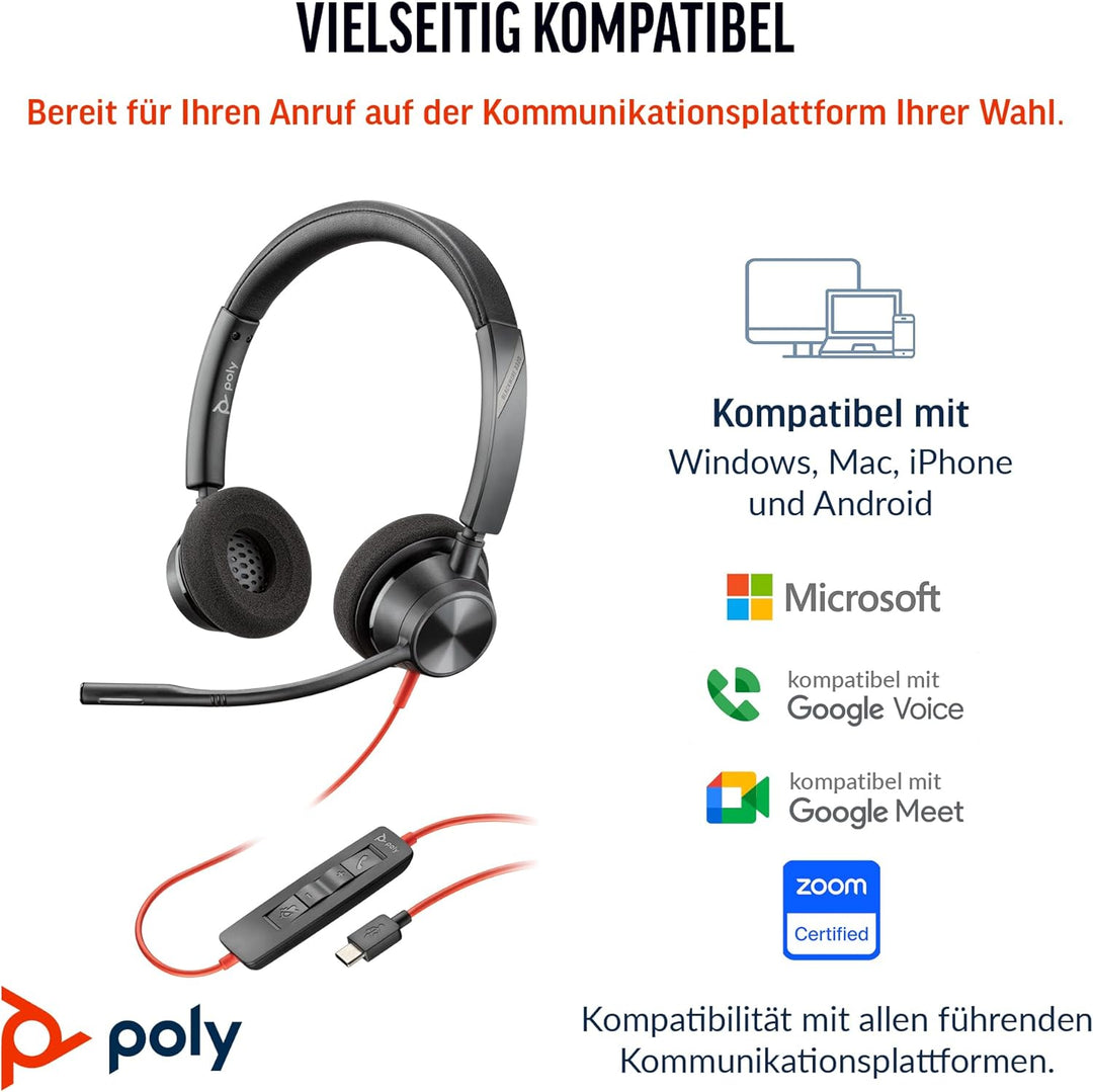 POLY Blackwire 3320 Auriculares Estéreo USB-C Negros + Adaptador de USB-C a USB-A
