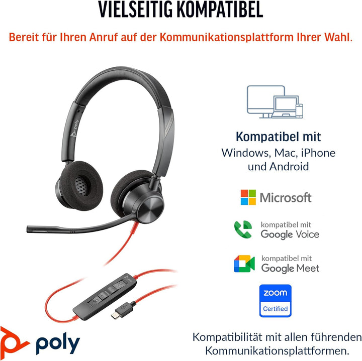 POLY Blackwire 3320 Auriculares Estéreo USB-C Negros + Adaptador de USB-C a USB-A
