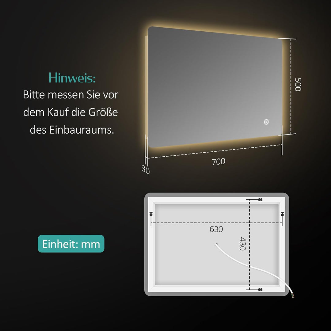 EMKE Badspiegel mit Beleuchtung 50x70cm, Badezimmerspiegel mit 3 Lichtfarben dimmbar, Antibeschlag,