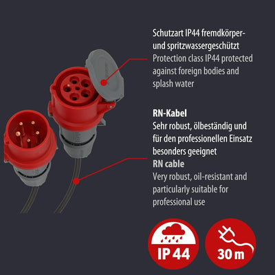 Brennenstuhl CEE Verlängerungskabel IP44 (30m Kabel, H07RN-F 5G1,5, 5-polig mit CEE Stecker und Kupp