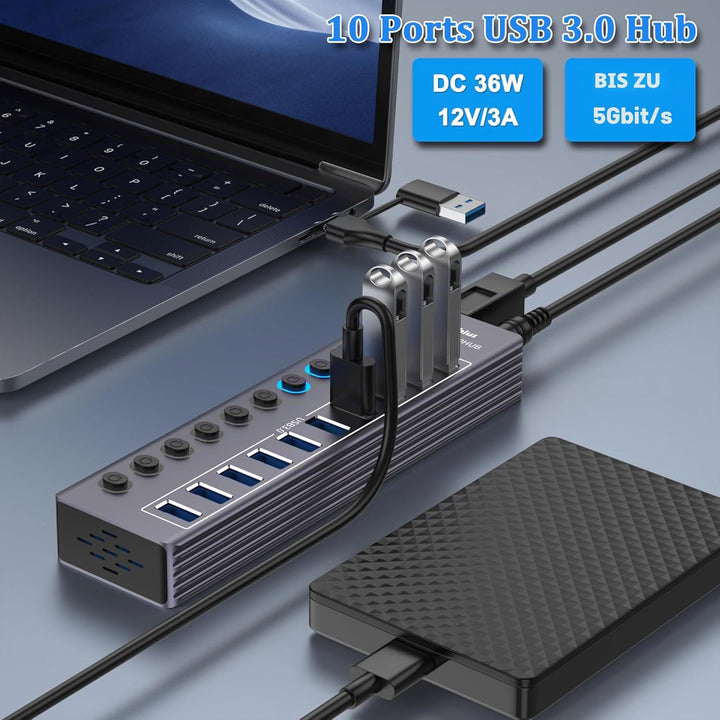USB Hub Aktiv 3.0 mit 36W(12V/3A) Netzteil, 2-in-1 (USB A/C) zu 10 Port USB 3.0 Daten Hub mit Einzel