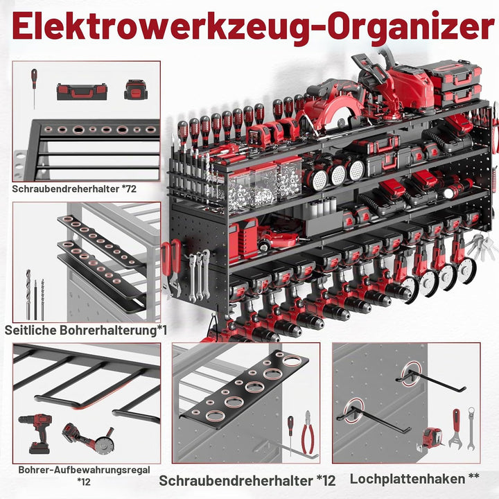 4 Ebenen Werkzeug Wandhalterung,Wandhalterung Schlagbohrschrauber Werkzeugregal für 12 Elektrowerkze