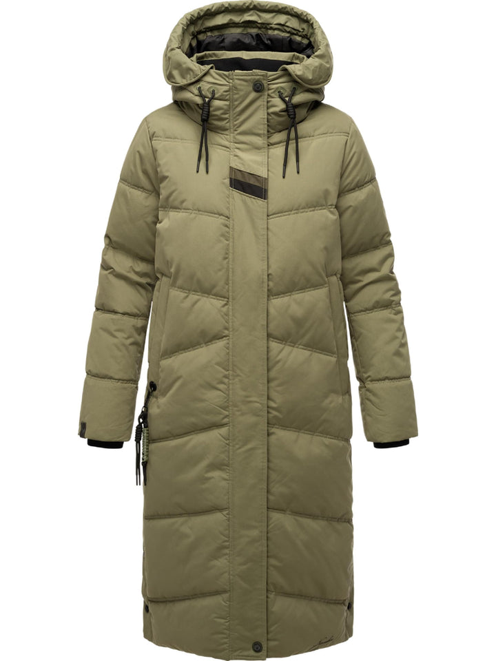 Navahoo Damen Wintermantel Warmer Steppmantel lang mit Kapuze Kuschelmausi S-XXL L Olive Leaf, L Oli
