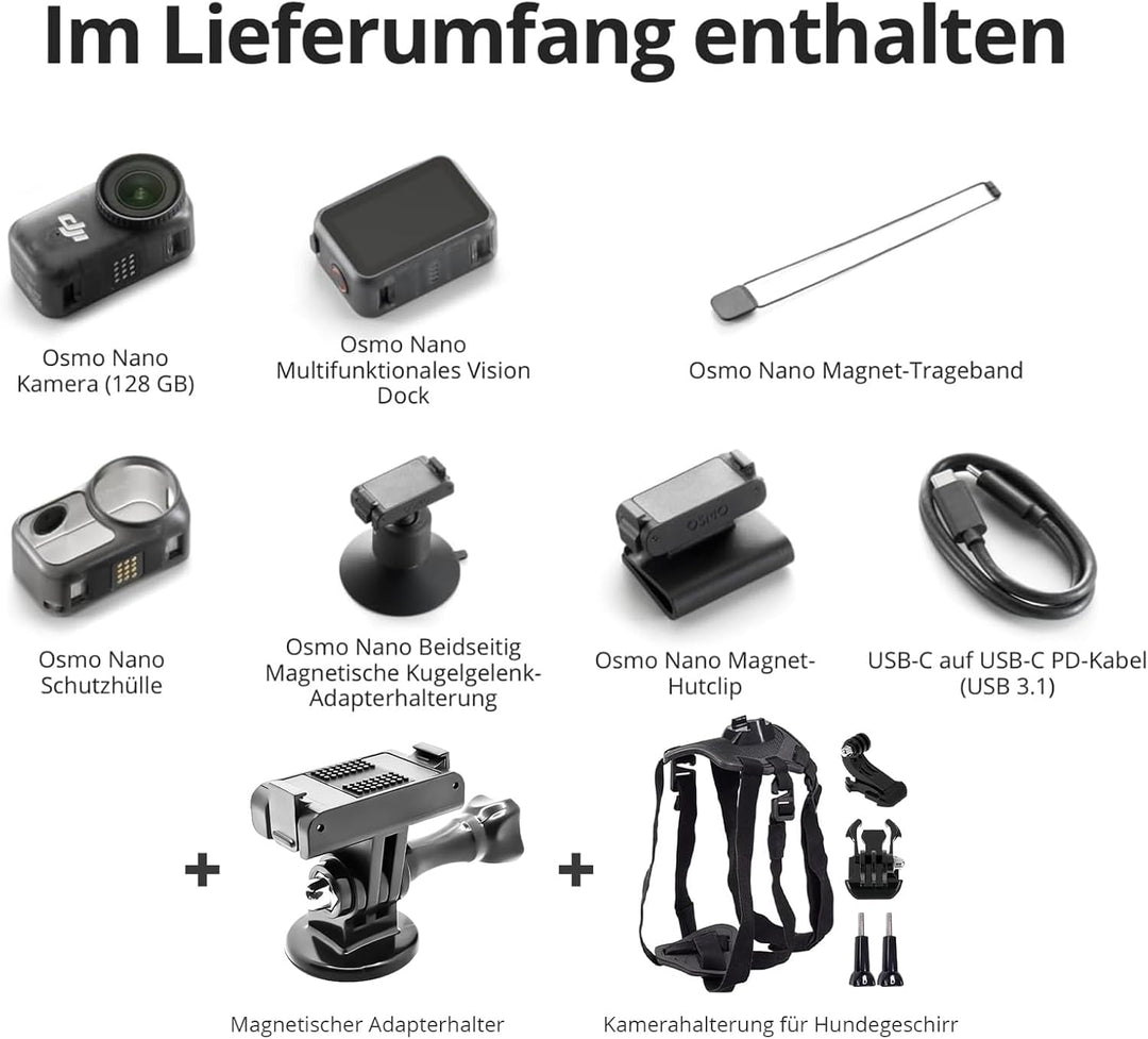 DJI Osmo Nano Haustier Combo (128GB) - 4K/60fps kleine Vlogging-Kamera mit 1/1,3″ Sensor, 143° Weitw