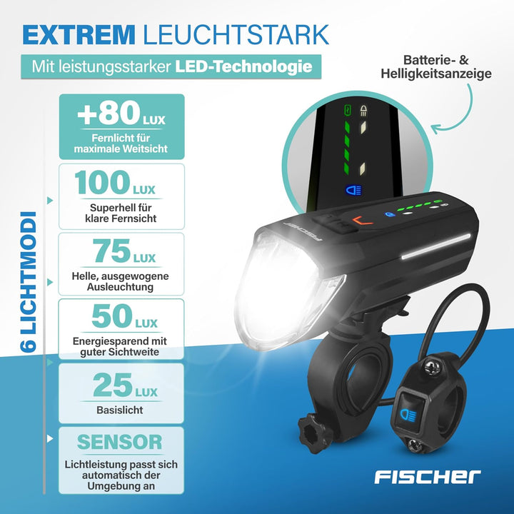 FISCHER Fahrrad LED-Akku Beleuchtungs-Set Twin Stop 100 Lux, mit Sensormodus, Lange Leuchtdauer, sta