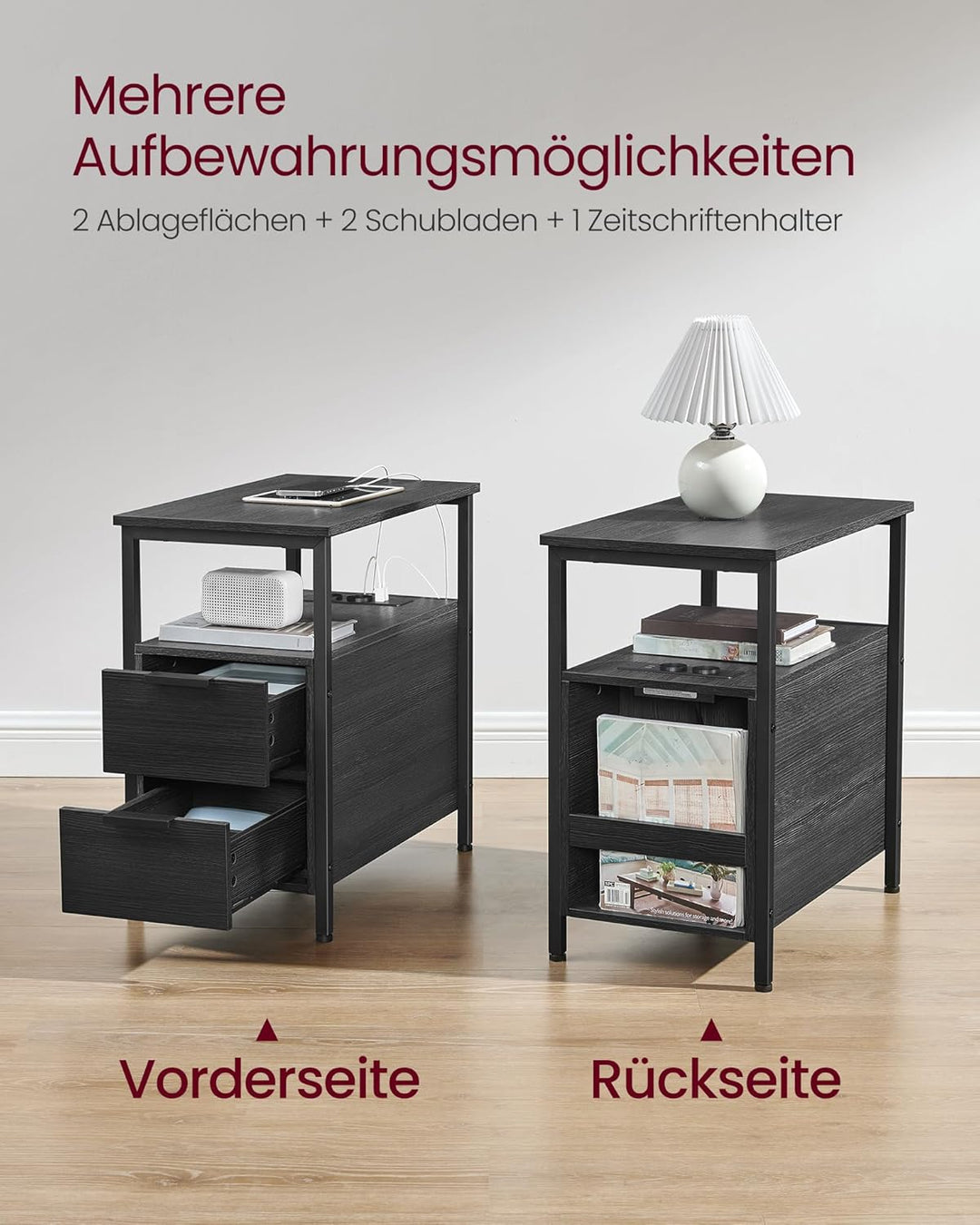VASAGLE Beistelltisch, Nachttisch mit Steckdosenleiste, 2 Schubladen, Sofatisch, Nachtschrank für Wo