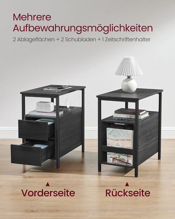 VASAGLE Beistelltisch, Nachttisch mit Steckdosenleiste, 2 Schubladen, Sofatisch, Nachtschrank für Wo