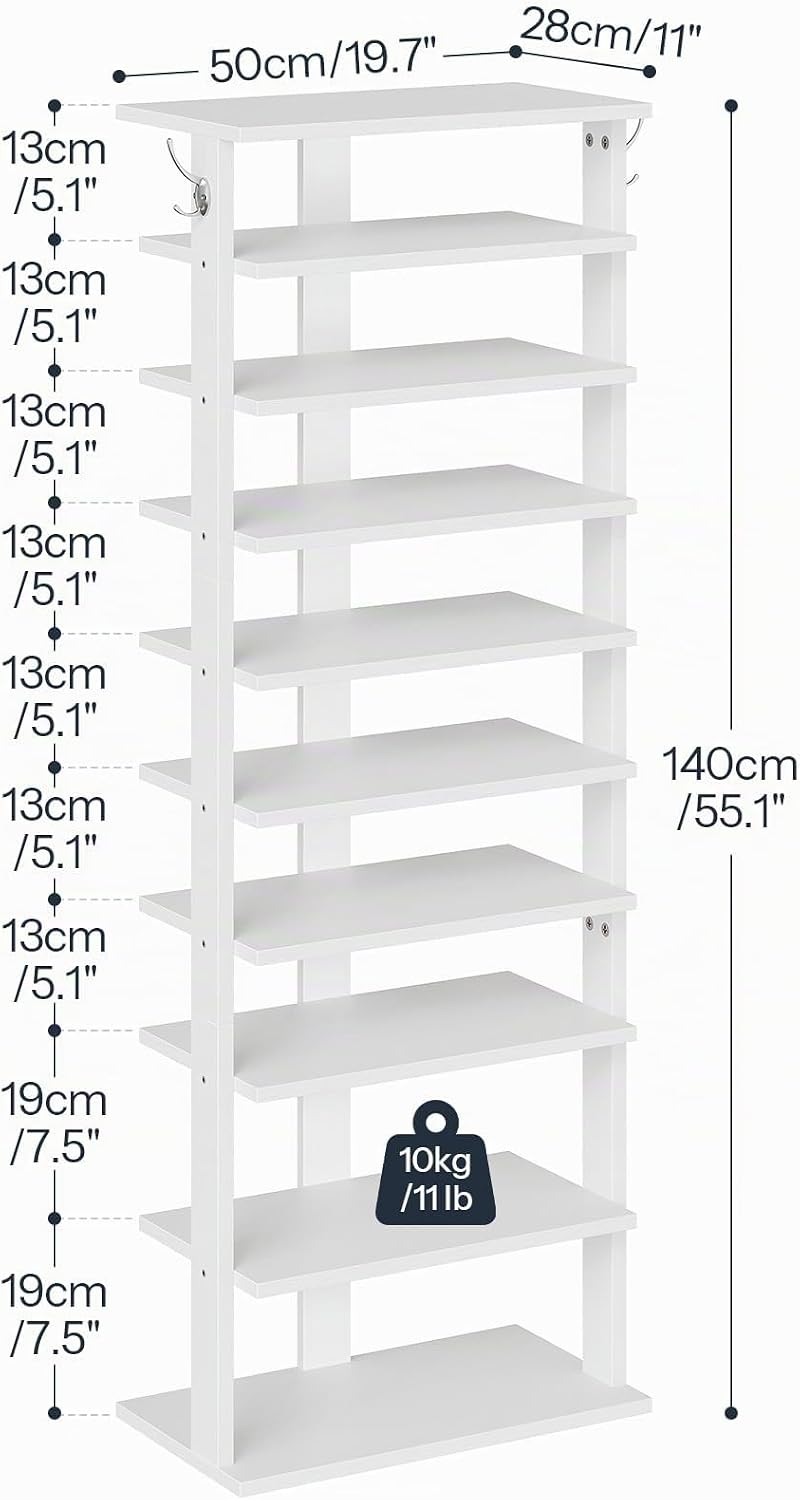 HOOBRO 10-lagiges Schuhregal, schmales Schuhablage, 50 cm Schuhschrank mit 2 Haken, Ablagegestelle,