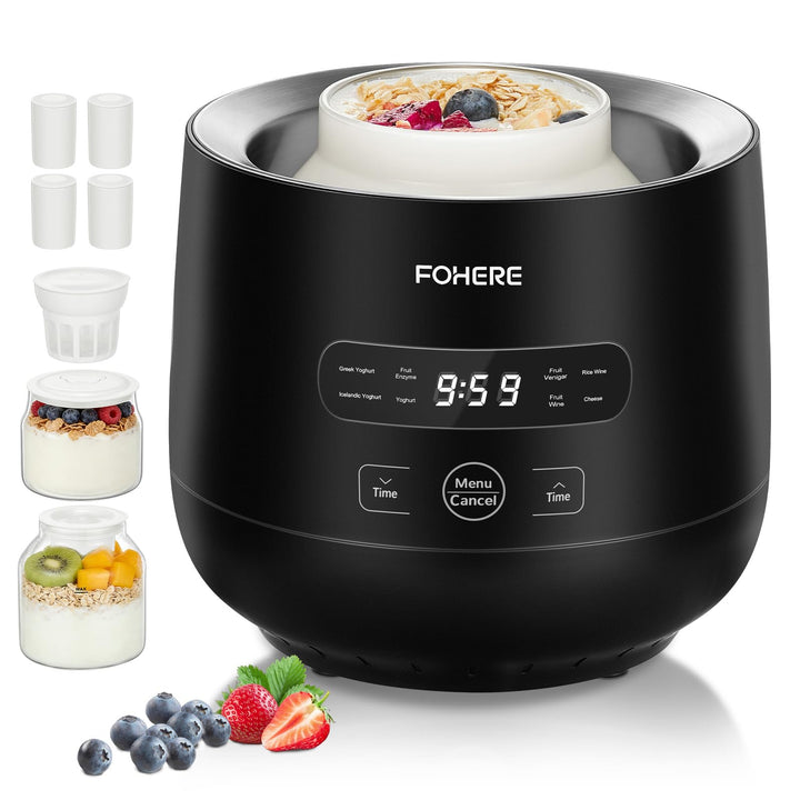 FOHERE Joghurtbereiter, Joghurt inkl. 2 XXL Glasbehälter 2000 ml und 1400 ml, 4 Keramik Portionsbech