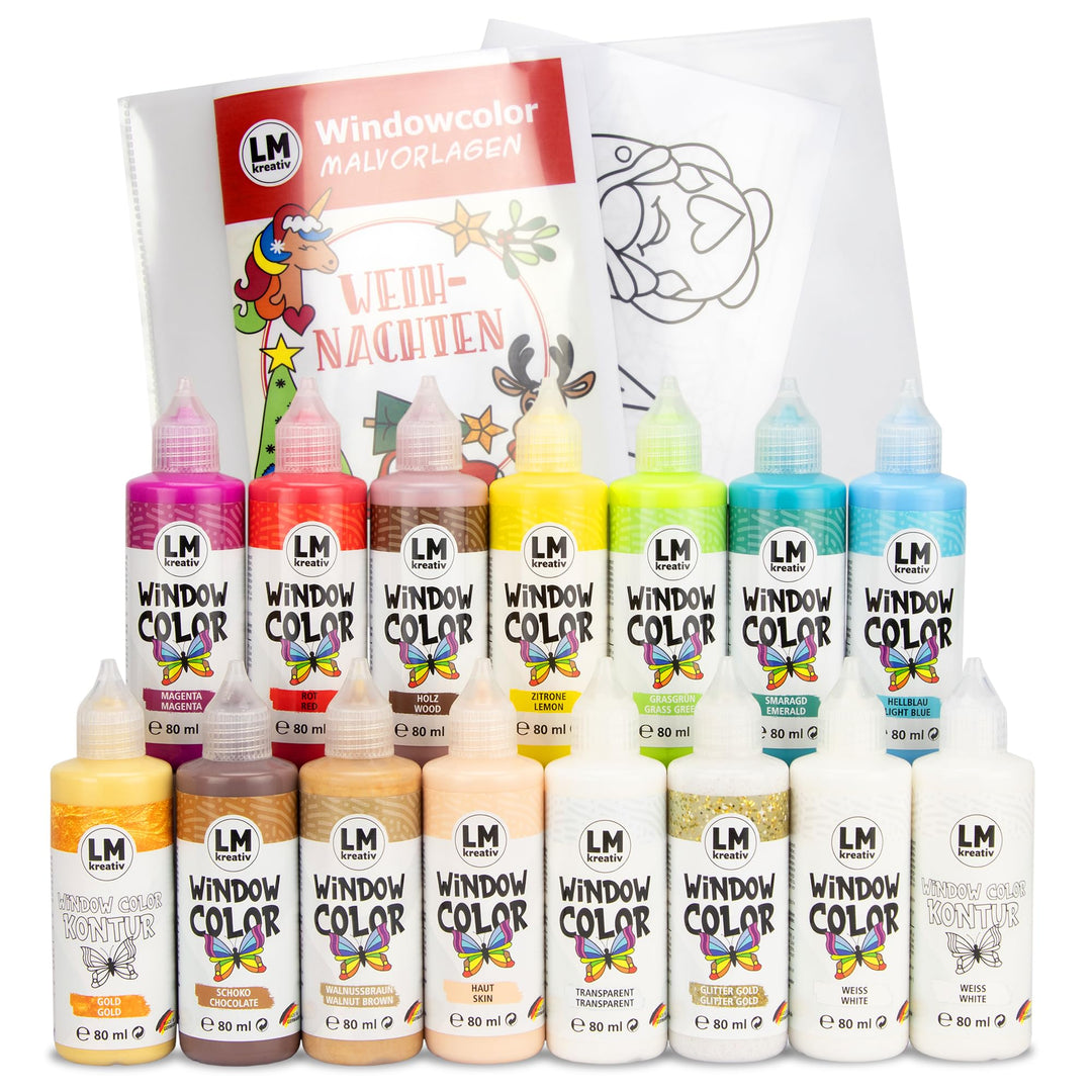 LM-Kreativ Window Color 15er Set - Weihnachten - mit 13 Farben, 2 Konturen & Weihnachtlichen Malvorl