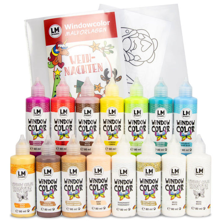 LM-Kreativ Window Color 15er Set - Weihnachten - mit 13 Farben, 2 Konturen & Weihnachtlichen Malvorl
