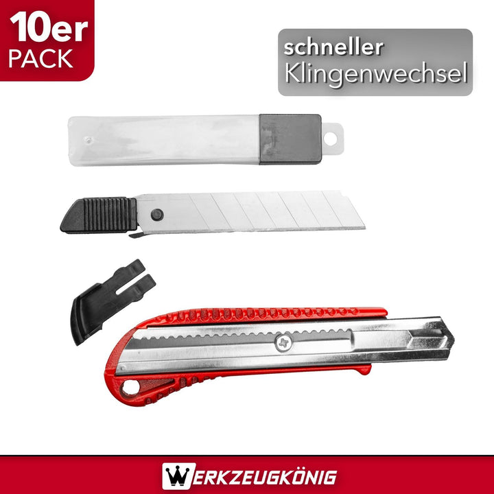 Cuttermesser 18mm Teppichmesser 10 Stck. Aluminium rot lackiert + 100 Ersatzklingen 10 Stück, 10 Stü