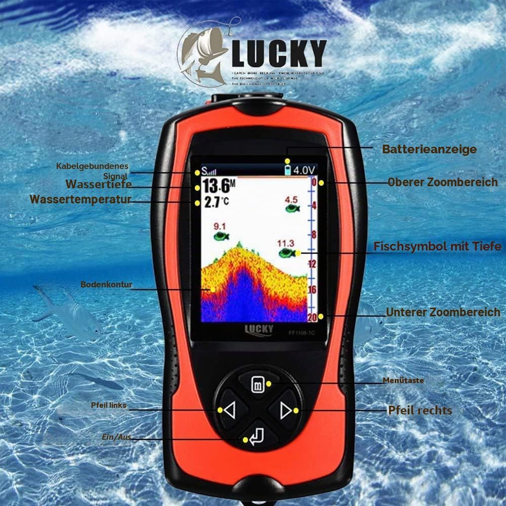 LUCKY Tragbarer Fischfinder Wandler Sonarsensor Wasser Tiefenmesser LCD Bildschirm Echolot Fischfind