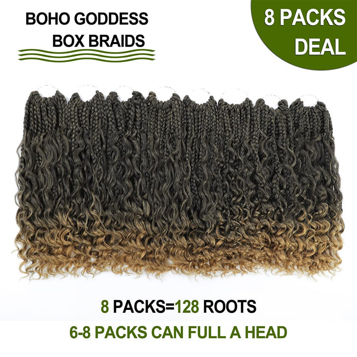 Crochet Box Braids Curly Hair Extensions 14Zoll Goddess Bohemian Hippie Synthetic Curly Ends (1B/27)