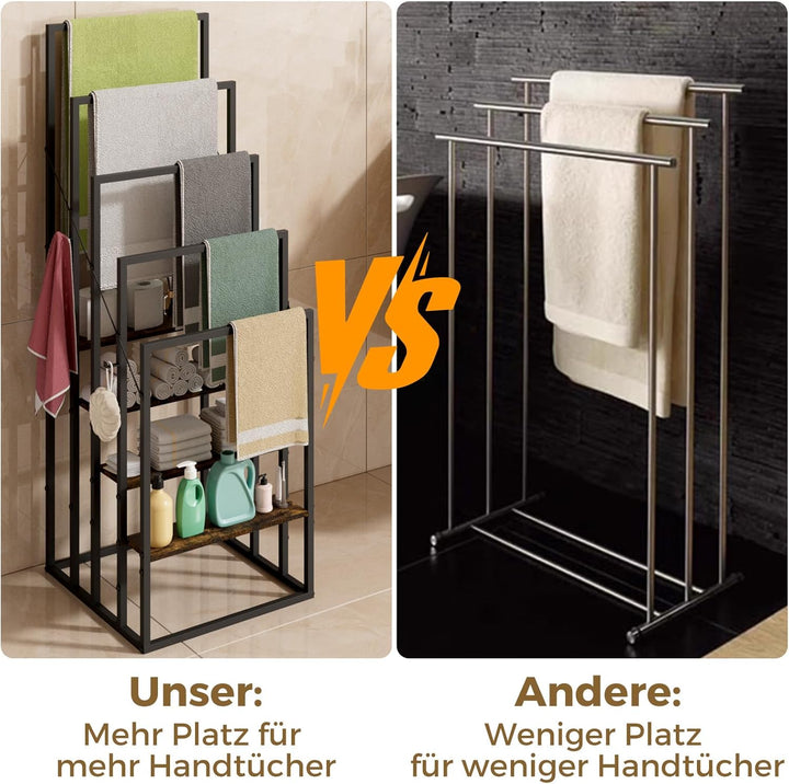 Handtuchständer, Handtuchhalter Stehend mit 5 Handtuchstangen, 4 Ablagen, 4 Haken, Freistehender Bad