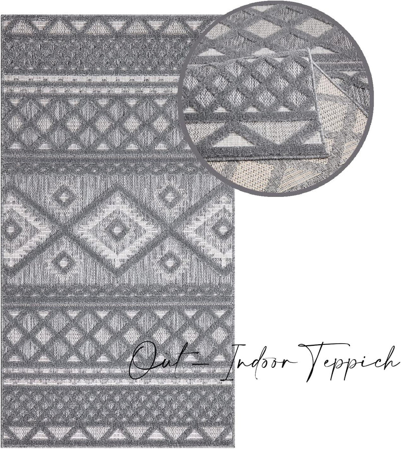 payé Teppich Läufer - Anthrazit Raute Ornamente - 80x250cm - Boho Deko Teppiche für Balkon Terrasse