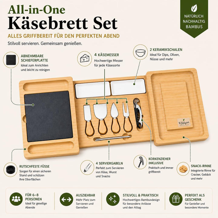 KKalyan Käsebrett Set aus Bambus – Ausziehbar auf 68 cm | Servierbrett mit Schieferplatte, 4 Käsemes