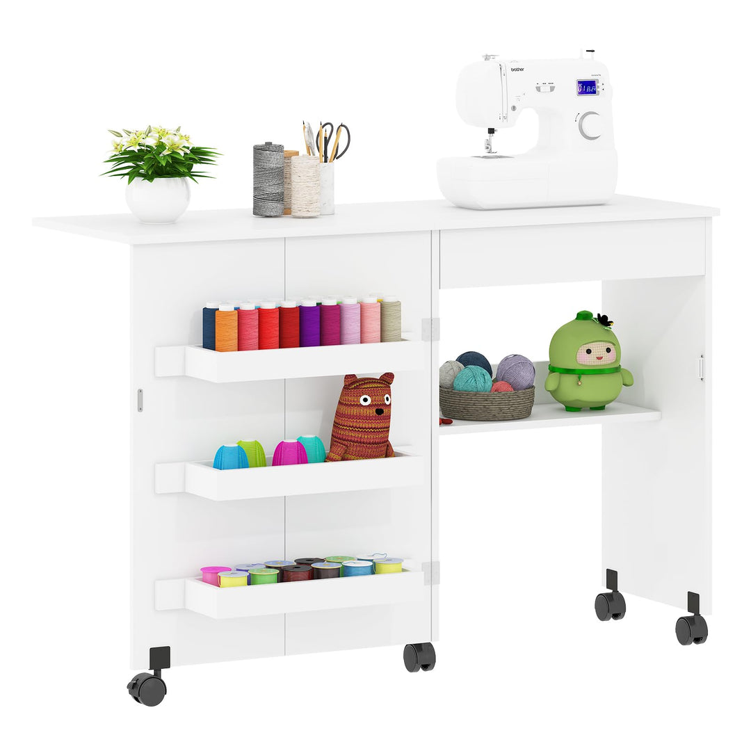 Rebonique Nähtisch Klappbar, 2-in-1 Nähmaschinentisch, Nähmaschinenschrank mit Offenen Ablagefächern