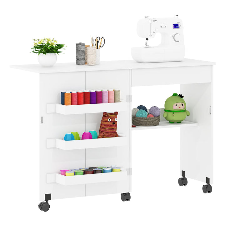 Rebonique Nähtisch Klappbar, 2-in-1 Nähmaschinentisch, Nähmaschinenschrank mit Offenen Ablagefächern