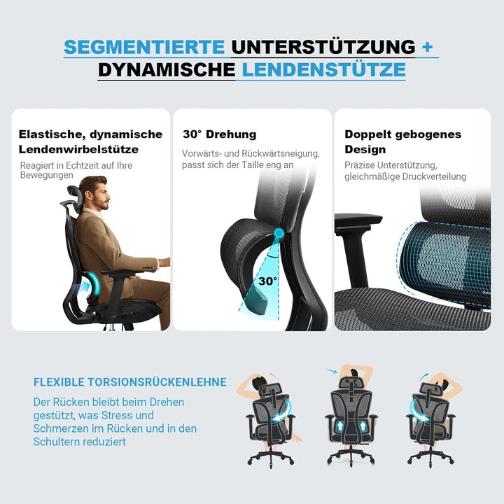 Bürostuhl Ergonomisch, 4D-Armlehnen, Verstellbare Sitztiefe, 4-stufige Neigung, Gummirollen, Mesh-Si