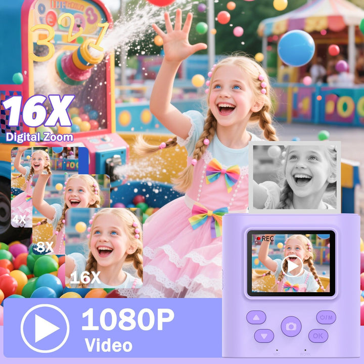 Zicor Kinderkamera mit Sofortdruck – 1080HD-Digitalkamera mit Video- & Druckfunktion für Kinder, lus
