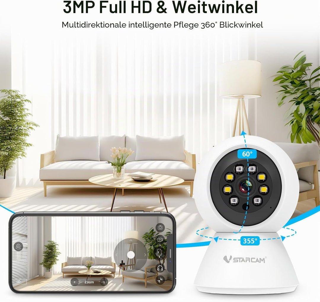 VSTARCAM WLAN Überwachungskamera Innen – 360° Pan/Tilt Kamera 3MP Full HD mit Nachtsicht, Bewegungse