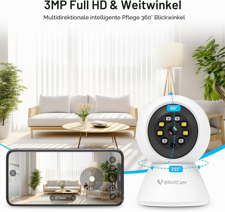 VSTARCAM WLAN Überwachungskamera Innen – 360° Pan/Tilt Kamera 3MP Full HD mit Nachtsicht, Bewegungse