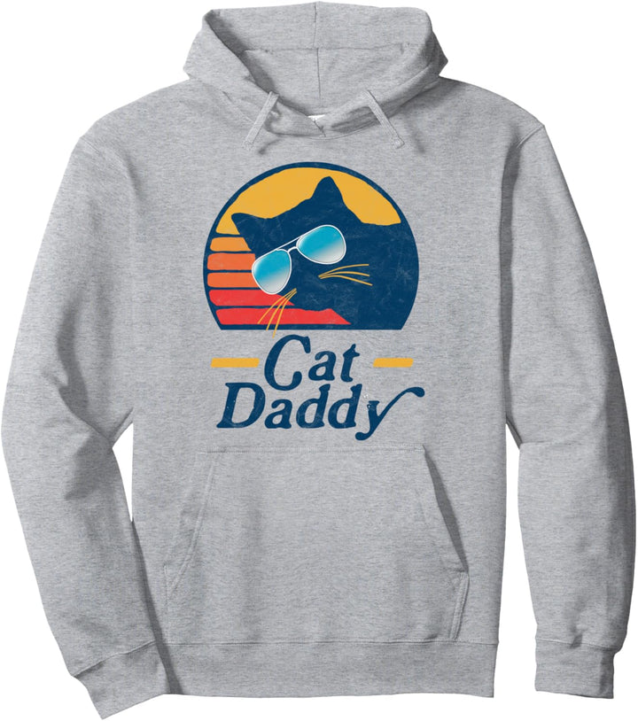 Cat Daddy Vintage 80s Style Cat Retro Sunglasses Distressed Pullover Hoodie