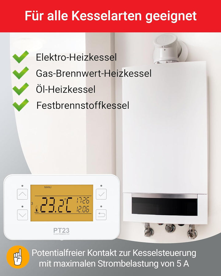ELEKTROBOCK PT23 - Programmierbares Wandthermostat mit Touch-Tasten - 𝑳𝓐𝑵𝐆𝑳𝜠𝓑𝑰𝐆 - Grosses beleuchtet