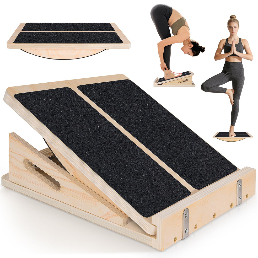 2-in-1 Schrägbrett aus Holz, Verstellbarer Wadenstrecker mit Tragegriff, Mobility Balance Board Slan