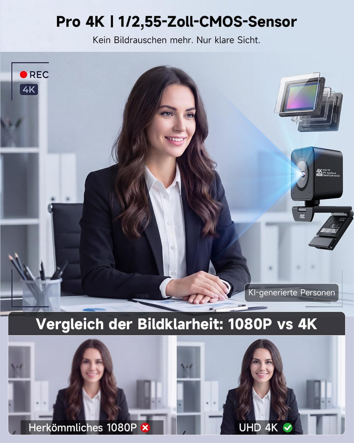 AOC UHD Webcam 4K, Webcam mit Objektivabdeckung & Dual Mikrofon, 75° Streaming Kamera mit Autofokus,