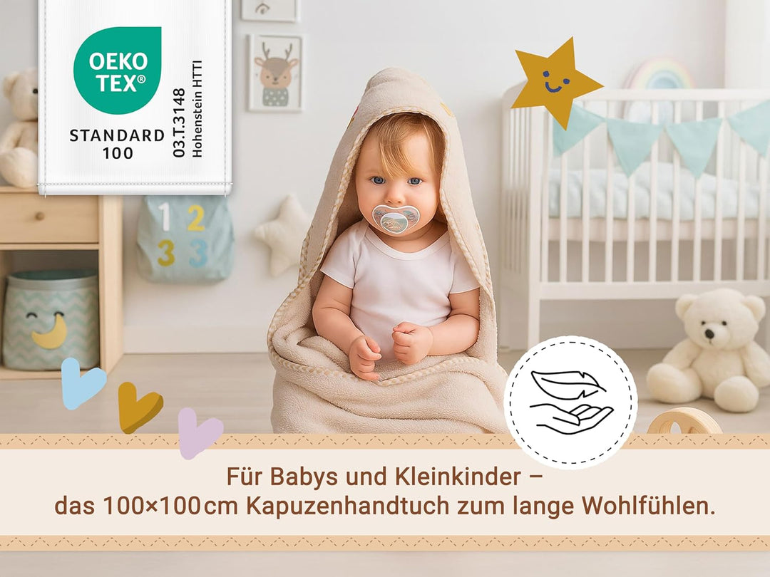ZOLLNER Baby Kapuzenbadetuch, Kapuzenhandtuch, 100x100 cm, Baumwolle, beige, Beige