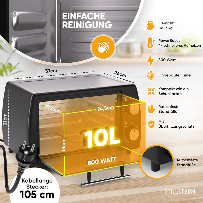 Stillstern Minibackofen (10L) Deutsche Version mit Airfryer-Einsatz, Backblech, Ofenhandschuhe, Reze