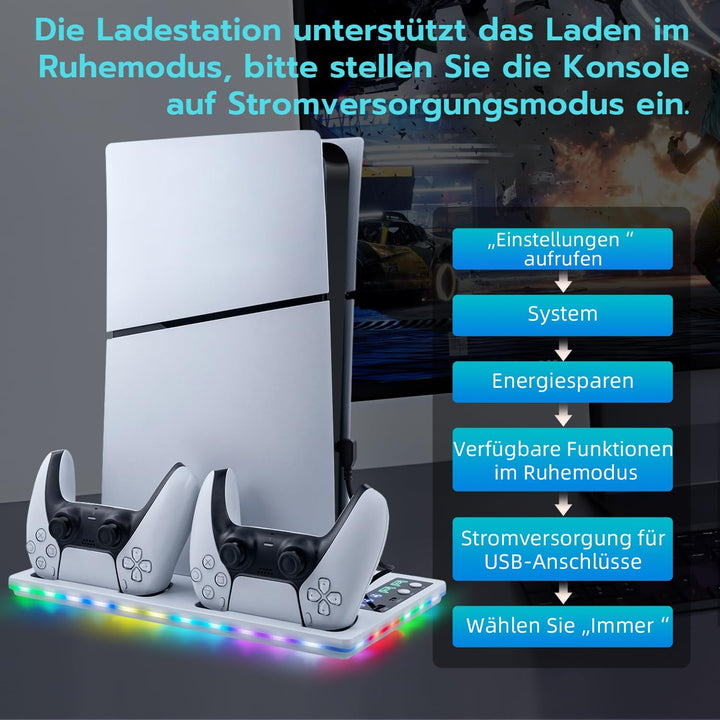 Wigearss PS5/PS5 Slim/PS5 Pro Kühler Standfuss mit Dual Controller Ladegerät, PS5 Controller Ladesta