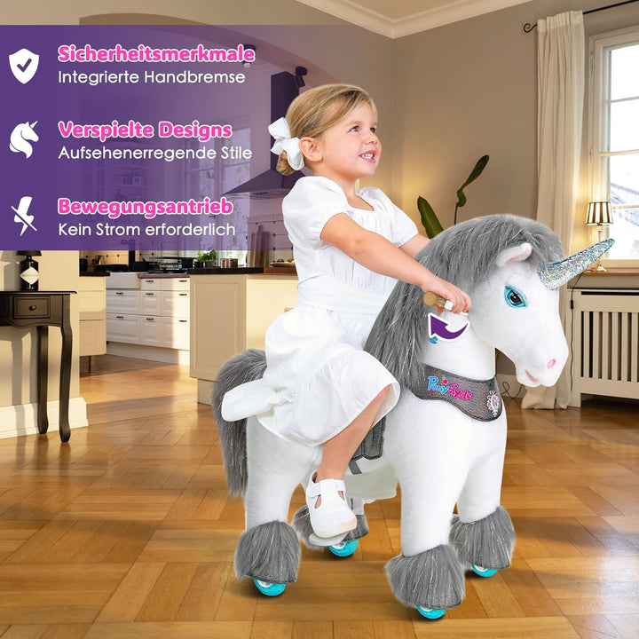 PonyCycle Hochwertig Modell Y Einhorn Spielzeug für Kinder mit Bremse, Graues Einhorn Reitspielzeug