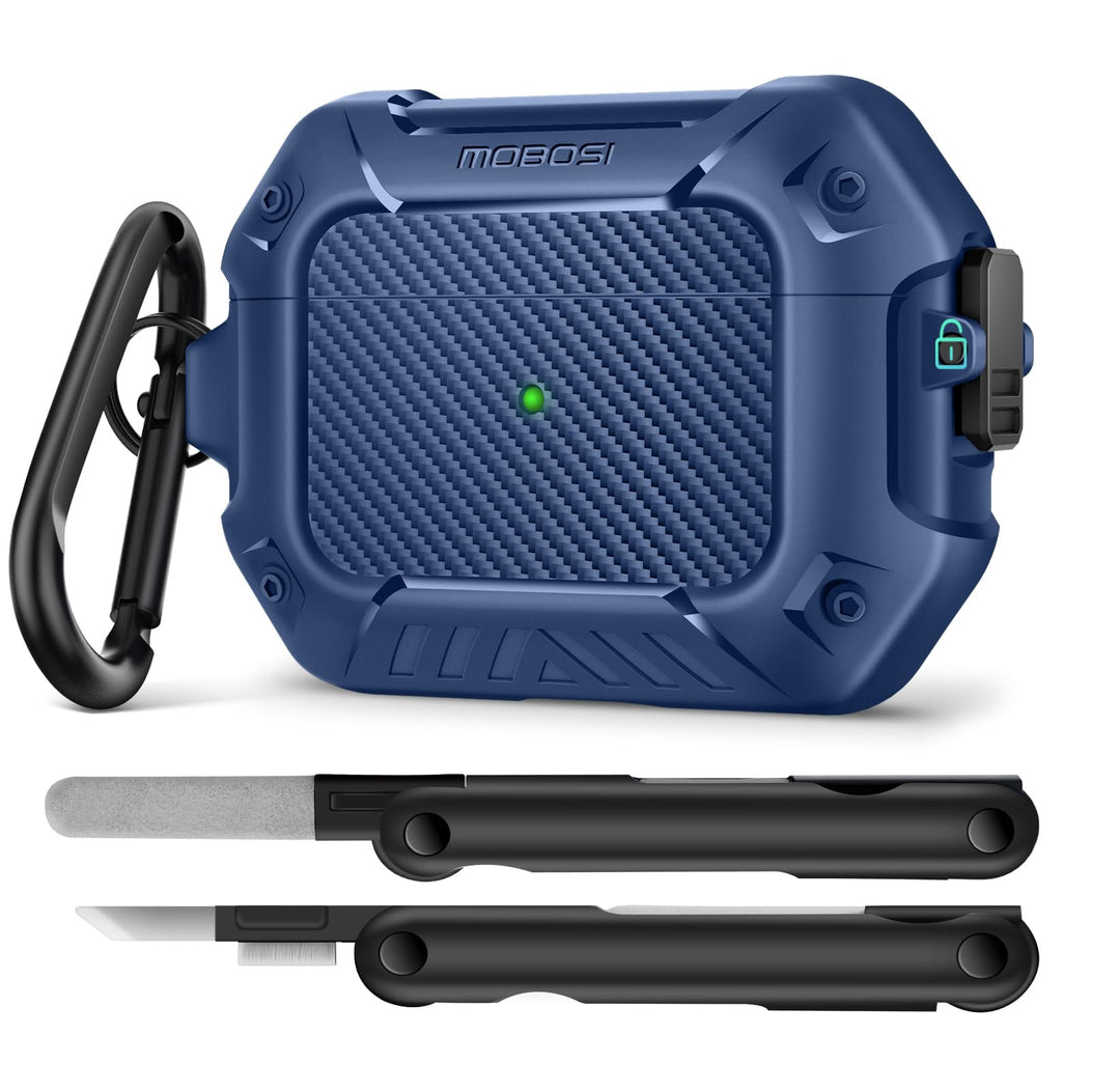 MOBOSI Schutzhülle für AirPods Pro 2. / 1. Generation, Secure Lock Clip Kohlefaser-Schutzhülle mit S