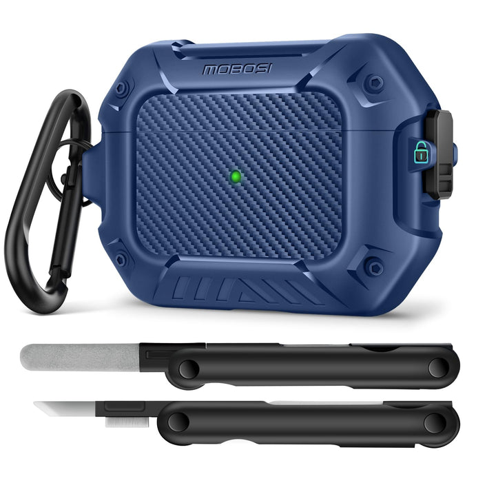 MOBOSI Schutzhülle für AirPods Pro 2. / 1. Generation, Secure Lock Clip Kohlefaser-Schutzhülle mit S